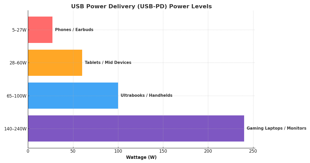 USB Power Delivery watt ranges by device class: 5–27W phones/earbuds, 28–60W tablets/mid devices, 65–100W ultrabooks/handhelds, 140–240W gaming laptops/monitors