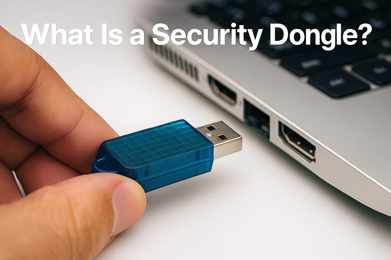 Security dongle being inserted into a laptop USB port