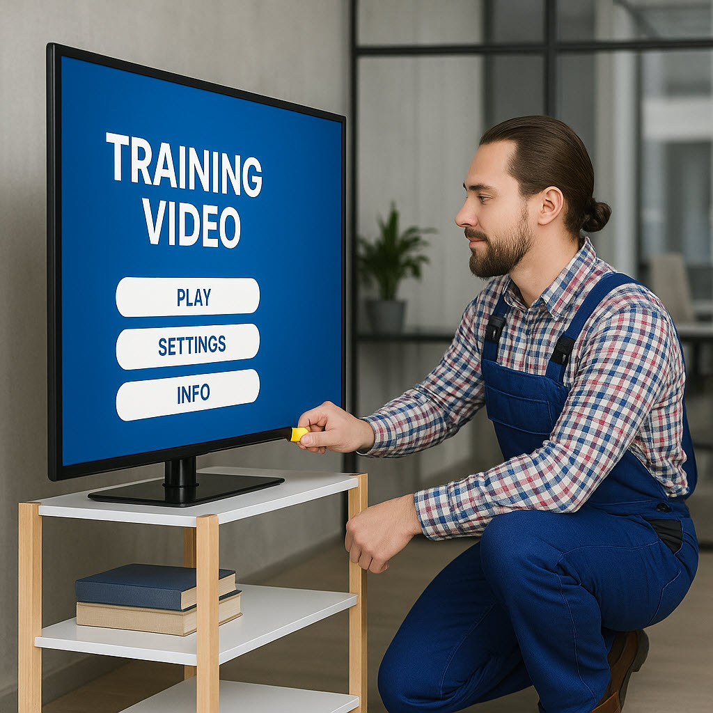 Tecnico che inserisce una chiavetta USB in una Smart TV per riprodurre video protetti da copia