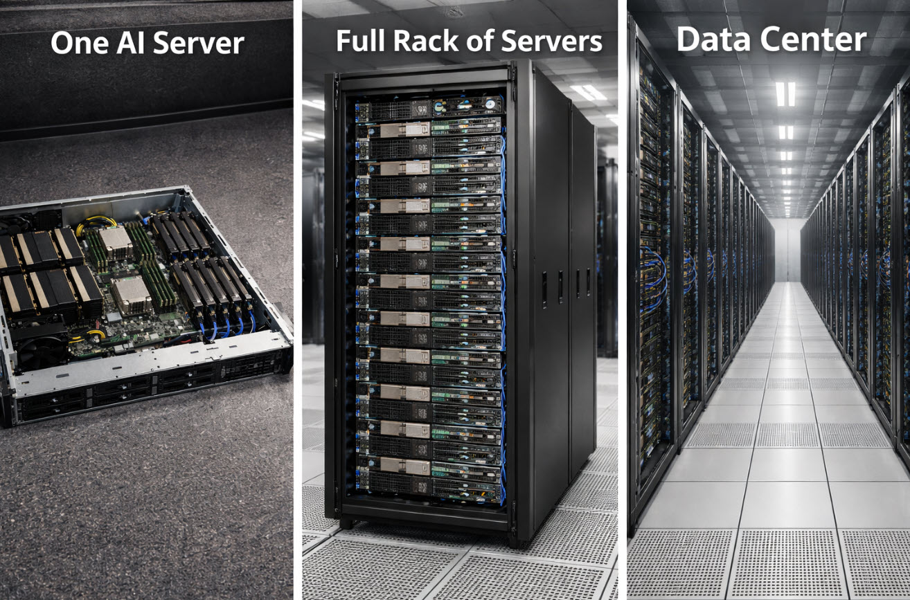 AI server scaling from a single machine to full racks and a data center, illustrating why modern AI systems require so much memory