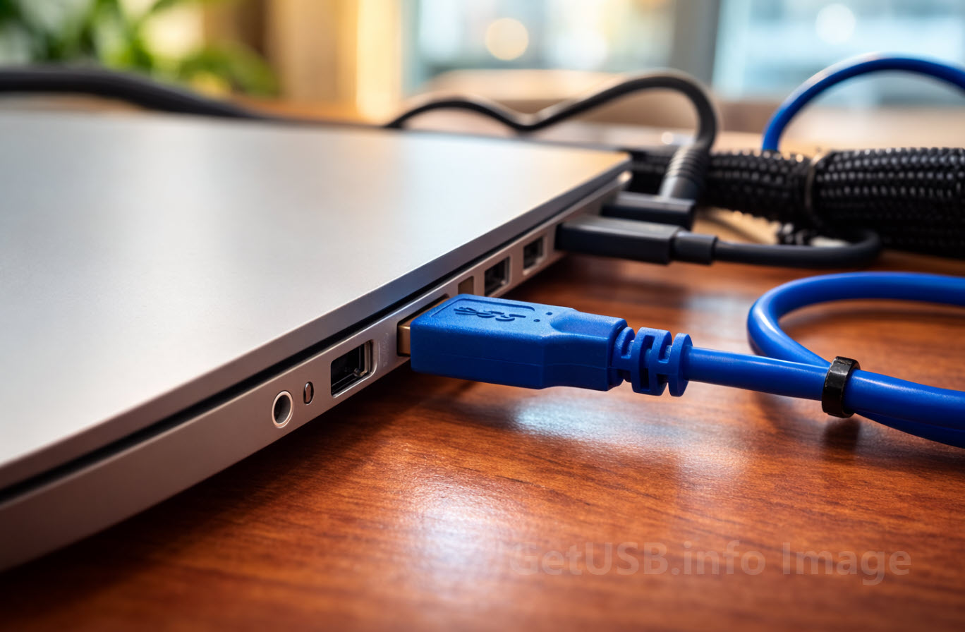 Laptop with USB cable connected on a desk, illustrating the hidden physics of plugging things in