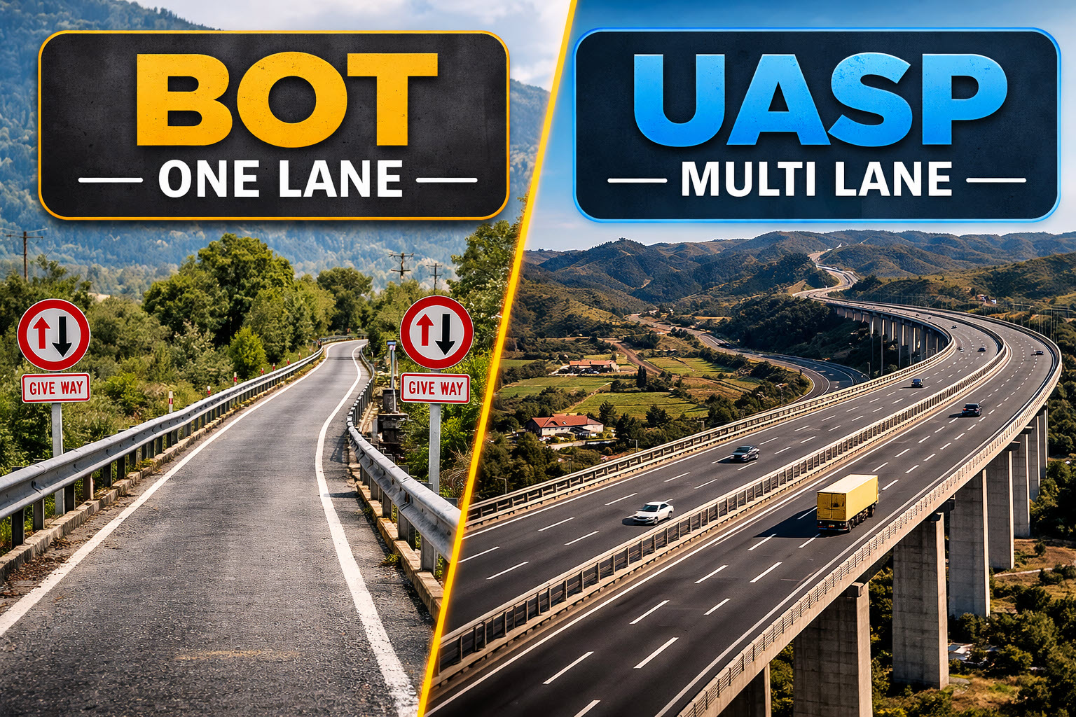 Split comparison graphic showing BOT as a one-lane bridge and UASP as a multi-lane freeway to illustrate different USB transport methods