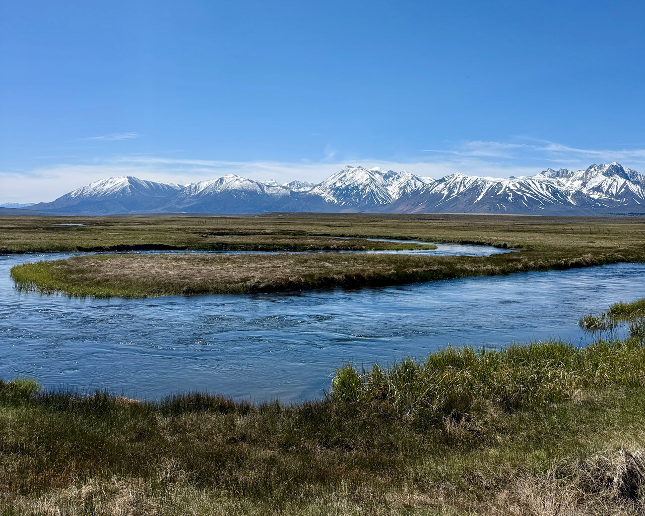カリフォルニア州マンモス近くのオーエンズ川で青空と澄んだ水の中フライフィッシングをしている様子