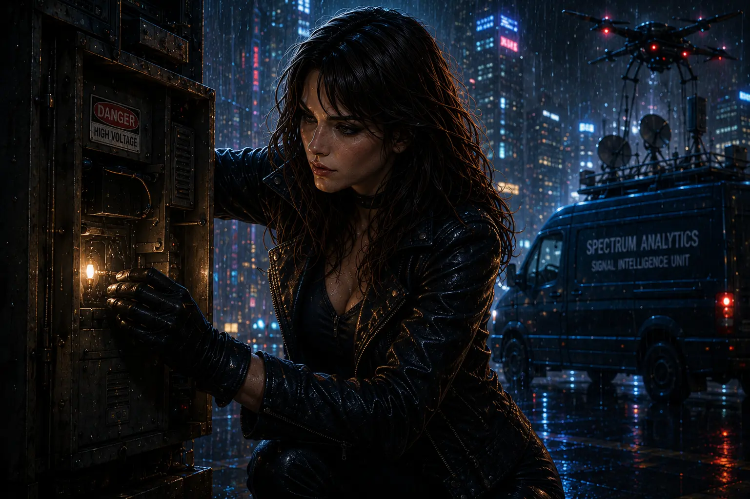 Mara Vale crea interferenze di segnale durante una tempesta cyberpunk mentre droni di sorveglianza e veicoli di intelligence dei segnali cercano nella città