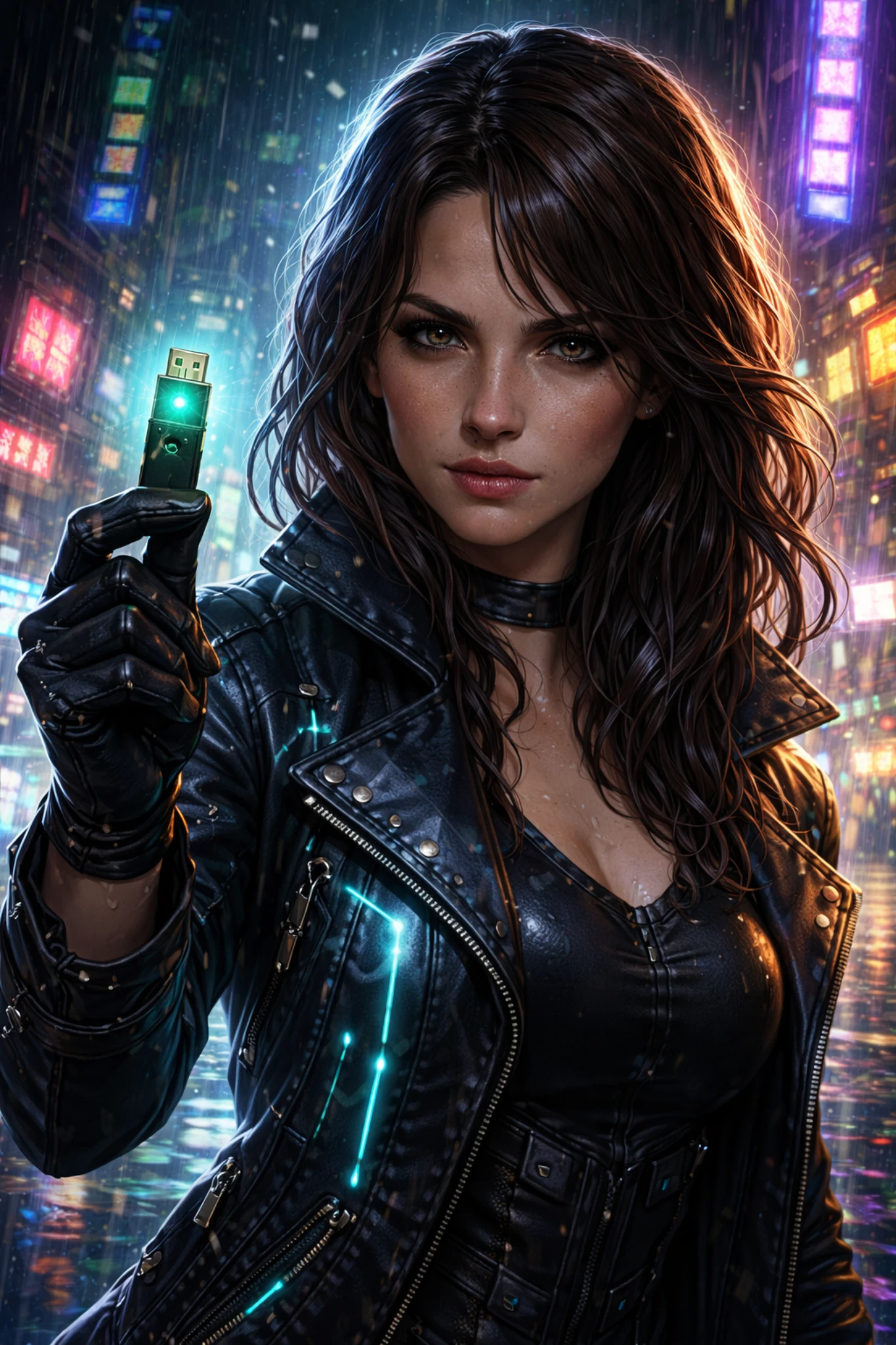 Mara Vale cyberpunk noir character portrait